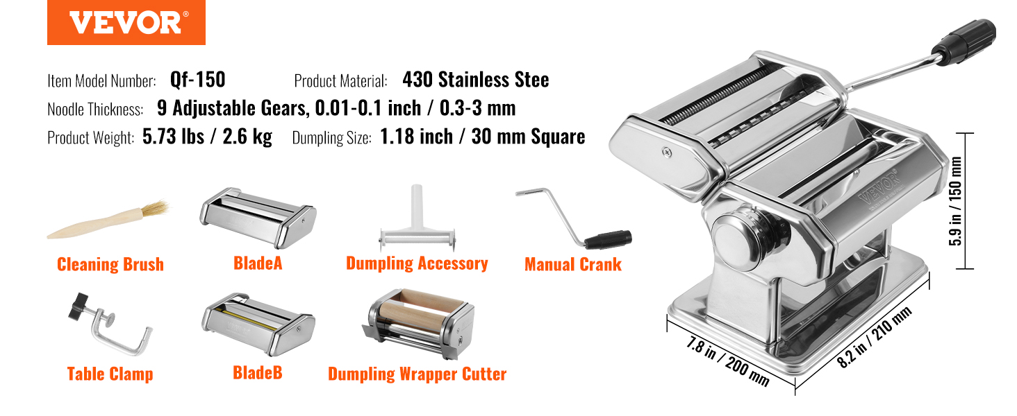VEVOR pasta maker with adjustable gears, blade attachments, manual crank, and cleaning brush.