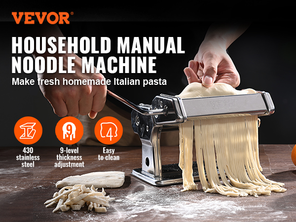 VEVOR pasta maker in use, making fresh homemade pasta on a wood countertop with fruits in the background.