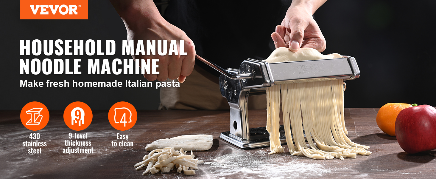 VEVOR pasta maker in use, making fresh homemade pasta on a wood countertop with fruits in the background.