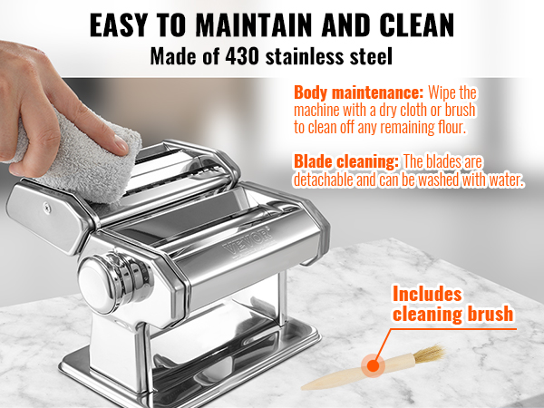 VEVOR pasta maker being cleaned with a cloth, showcasing easy maintenance and cleaning instructions.