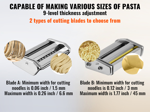 VEVOR pasta maker with adjustable thickness and two blade options for different pasta sizes.