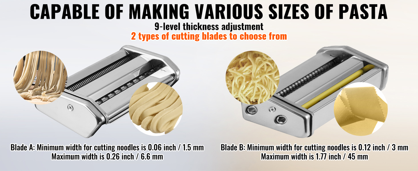 VEVOR pasta maker with adjustable thickness and two blade options for different pasta sizes.