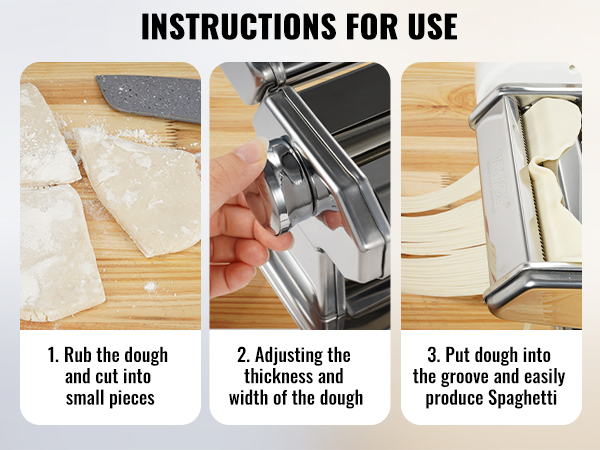 VEVOR pasta maker instructions: cutting dough, adjusting thickness, and making spaghetti.