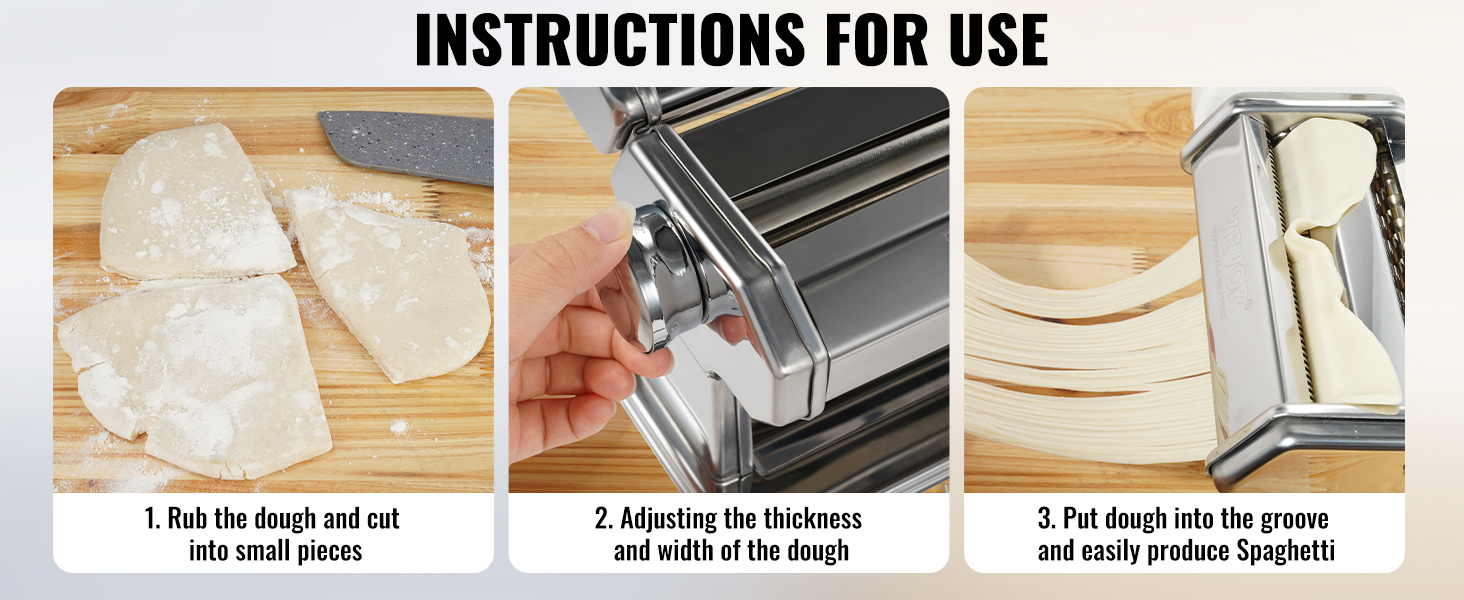 VEVOR pasta maker instructions: cutting dough, adjusting thickness, and making spaghetti.