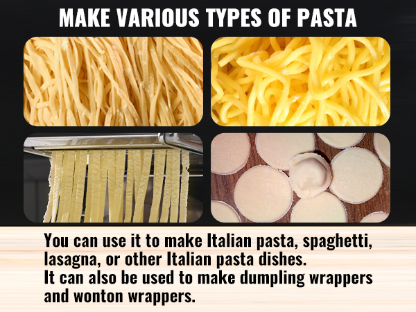 hands using VEVOR pasta maker to roll out fresh pasta dough, with images of various pasta types.