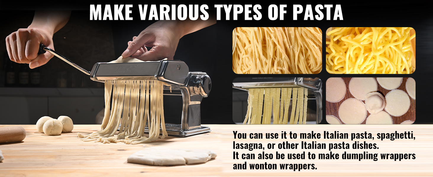 hands using VEVOR pasta maker to roll out fresh pasta dough, with images of various pasta types.