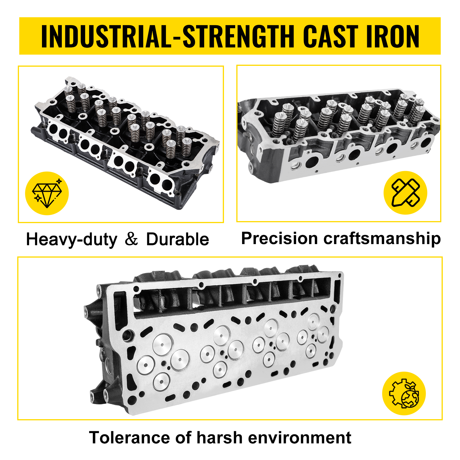 VEVOR cylinder head assembly with industrial-strength cast iron and heavy-duty durability.