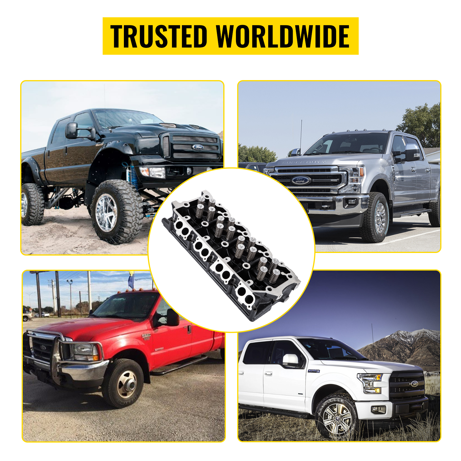VEVOR cylinder head assembly with various ford trucks in the background. trusted worldwide.