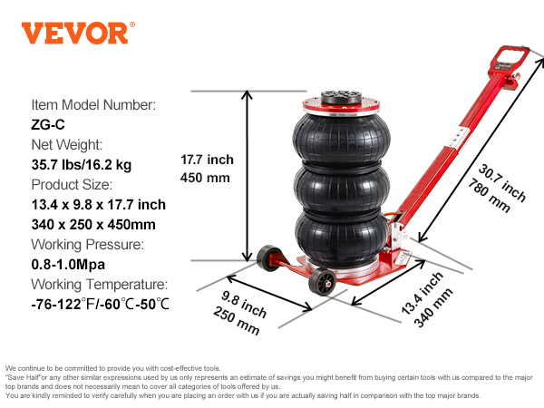 VEVOR air jack zg-c, 35.7 lbs, 13.4"x9.8"x17.7", 0.8-1.0 mpa, -76-122°f working range.