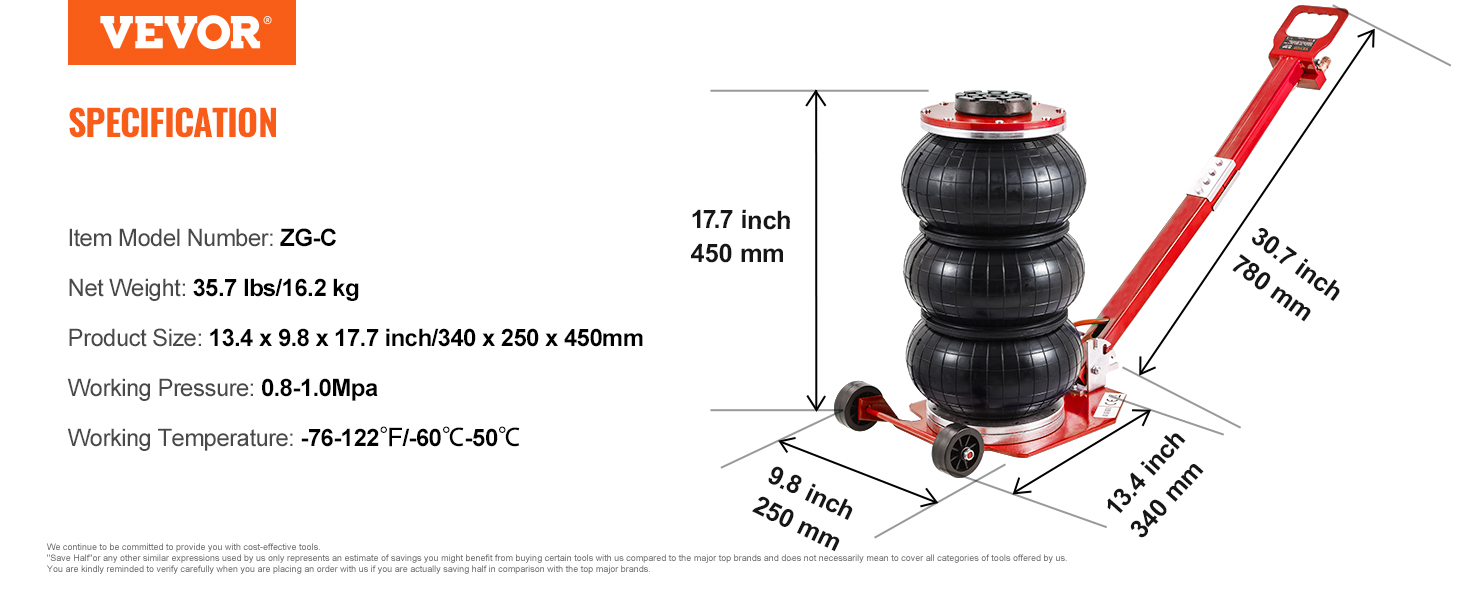 VEVOR air jack zg-c, 35.7 lbs, 13.4"x9.8"x17.7", 0.8-1.0 mpa, -76-122°f working range.