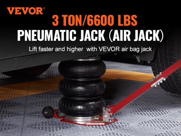 VEVOR air jack lifting a car, 3 ton capacity, promoting rapid lifting with a pneumatic bag system.