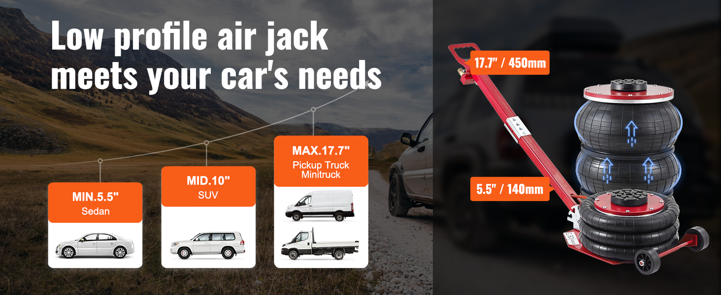 low profile VEVOR air jack for sedans, suvs, pickups; lift range 5.5"/140mm to 17.7"/450mm.