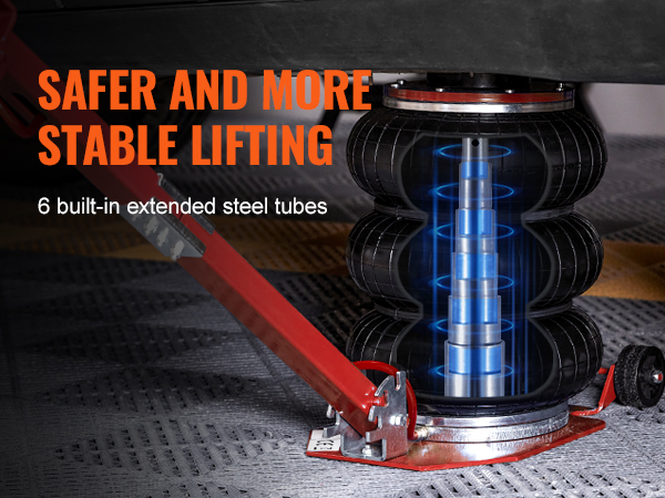 VEVOR air jack lifting a car with enhanced safety and stability, featuring extended steel tubes.