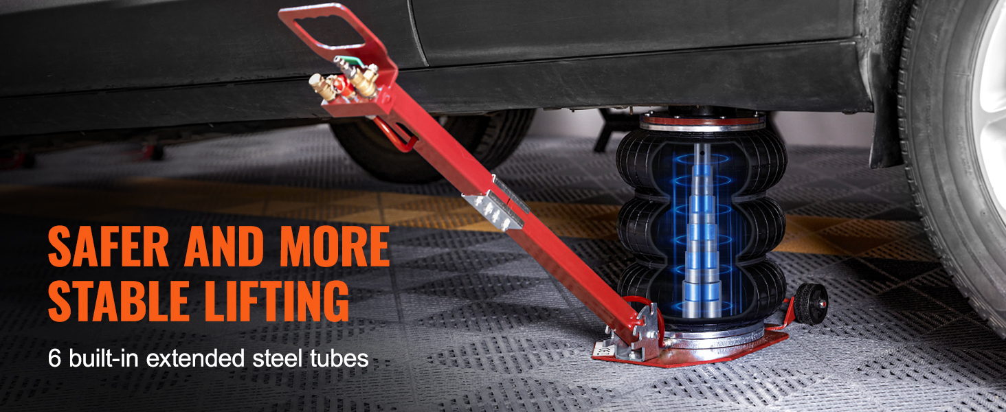 VEVOR air jack lifting a car with enhanced safety and stability, featuring extended steel tubes.