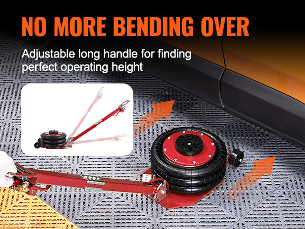 VEVOR air jack with adjustable long handle sat beneath a car, eliminating bending over.