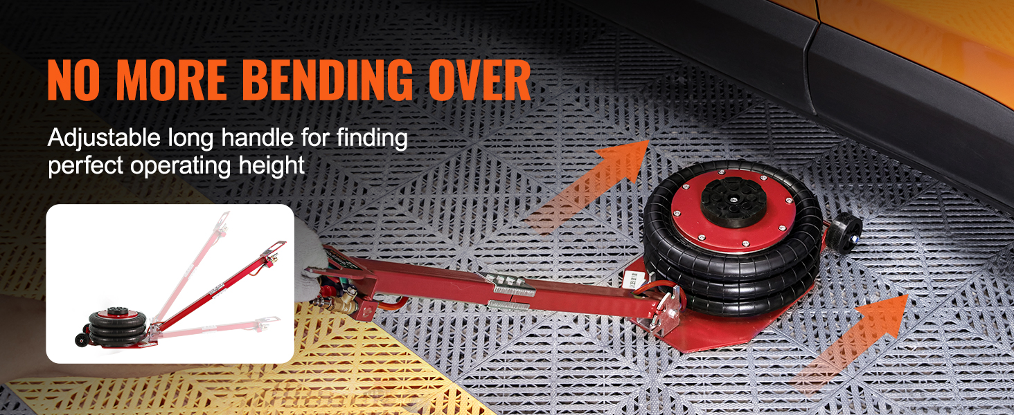 VEVOR air jack with adjustable long handle sat beneath a car, eliminating bending over.
