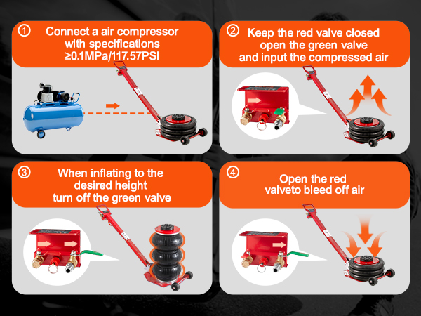 VEVOR air jack manual showing steps to connect compressor, inflate, and bleed air in four panels.