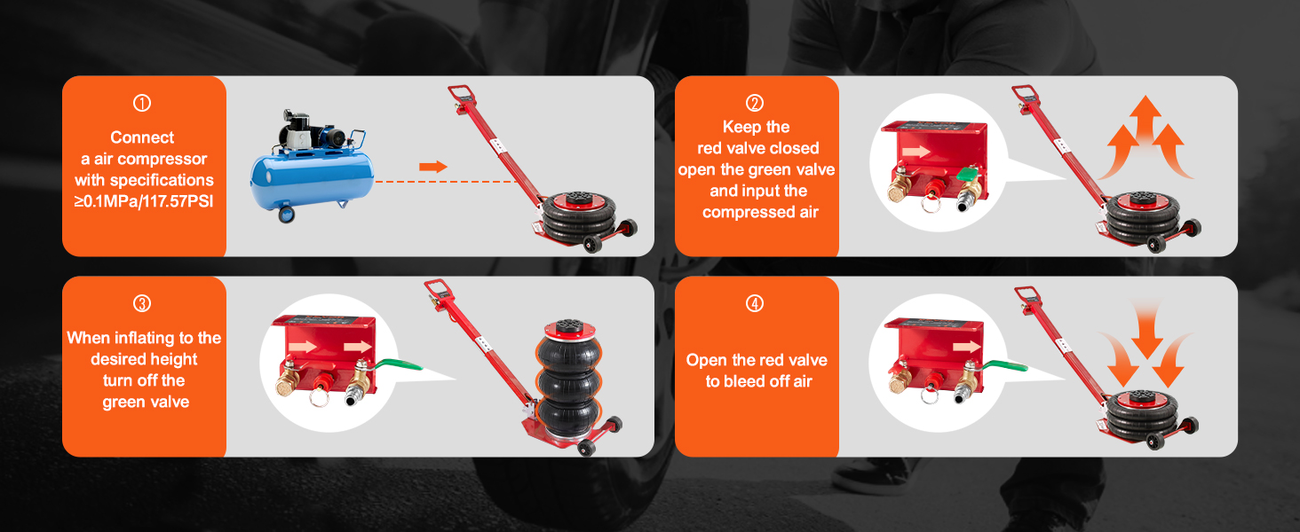 VEVOR air jack manual showing steps to connect compressor, inflate, and bleed air in four panels.