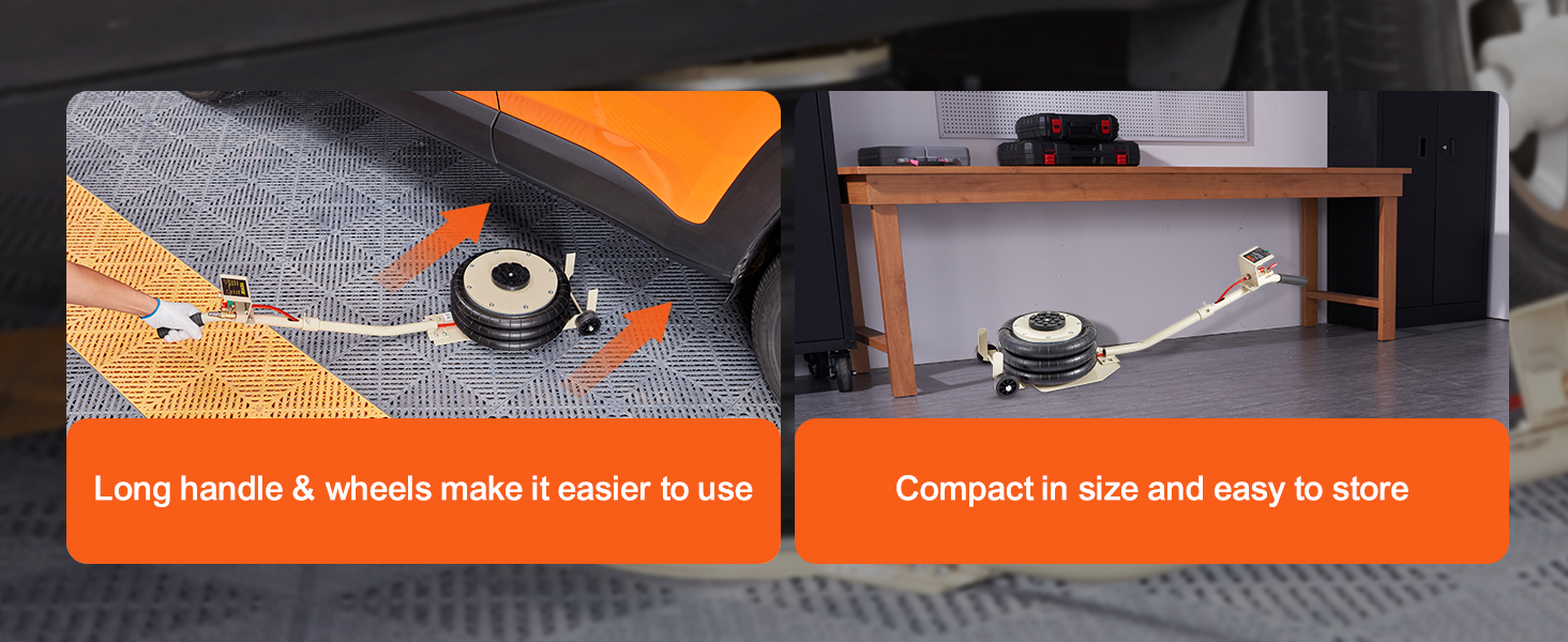 VEVOR triple bag air jack with long handle and wheels for easy use, compact for storage.