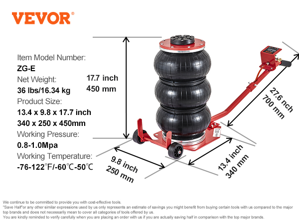 VEVOR air jack zg-e model with dimensions and specifications, including weight and working pressure.