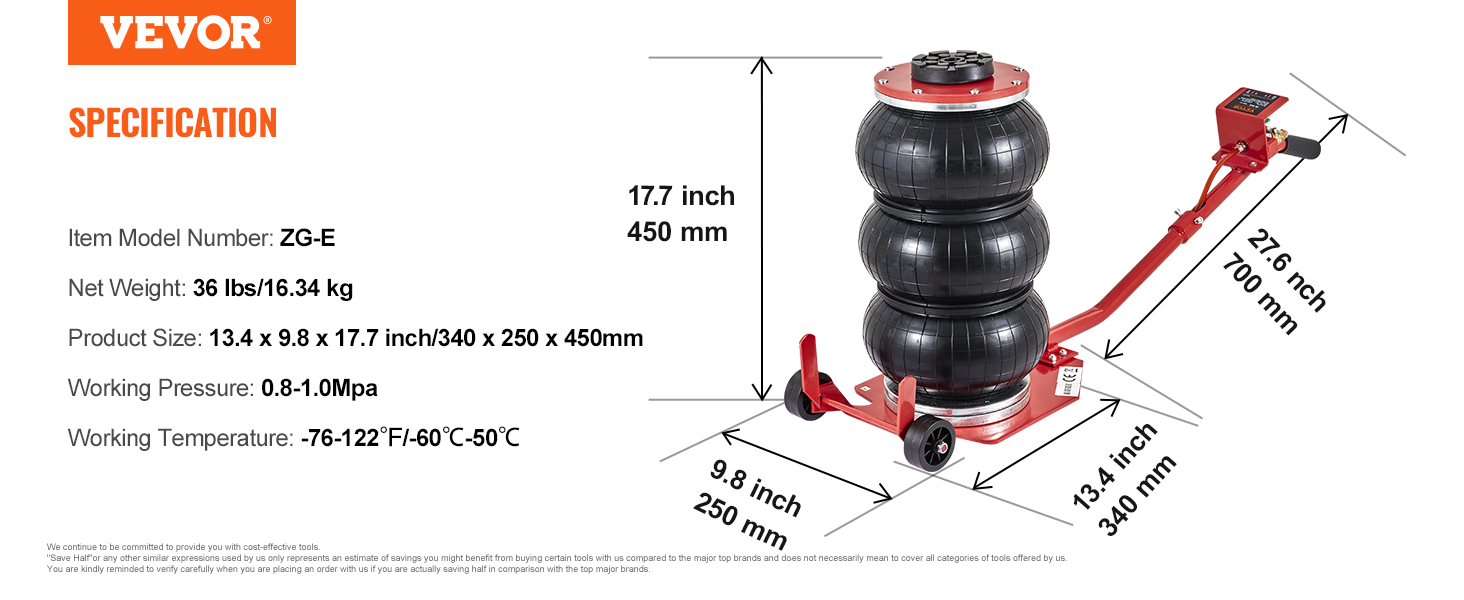 VEVOR air jack zg-e model with dimensions and specifications, including weight and working pressure.