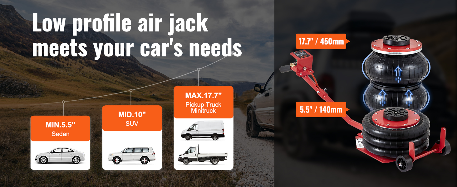 low-profile VEVOR air jack for sedans 5.5", suvs 10", and pickup trucks 17.7".
