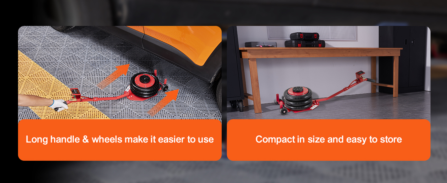 VEVOR air jack with long handle and wheels under car, compact storage next to workbench.
