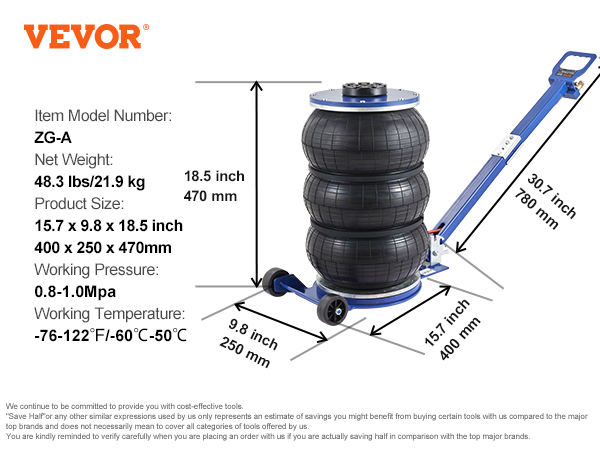 VEVOR air jack specifications with item model number zg-a and product dimensions.