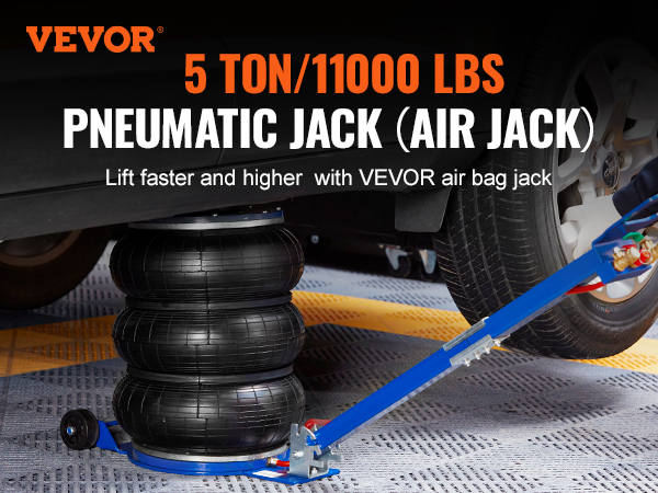 VEVOR air jack lifting a car, showcasing its 5 ton/11000 lbs capacity on a textured garage floor.