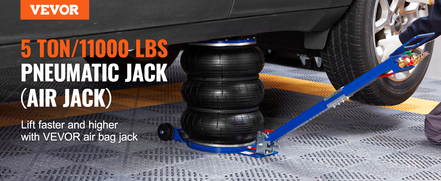 VEVOR air jack lifting a car, showcasing its 5 ton/11000 lbs capacity on a textured garage floor.