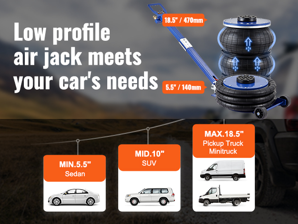 low profile VEVOR air jack for sedan, suv, and pickup truck, with a lift range of 5.5" to 18.5".