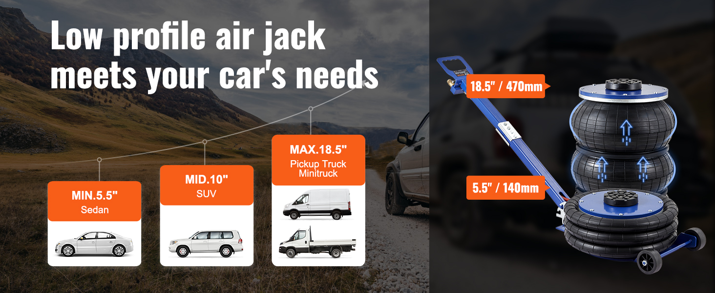 low profile VEVOR air jack for sedan, suv, and pickup truck, with a lift range of 5.5" to 18.5".