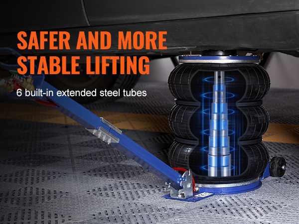 VEVOR air jack lifting a car with 6 built-in extended steel tubes for safer and more stable lifting.