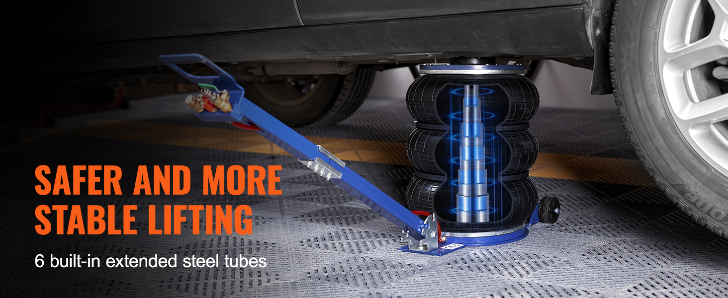 VEVOR air jack lifting a car with 6 built-in extended steel tubes for safer and more stable lifting.