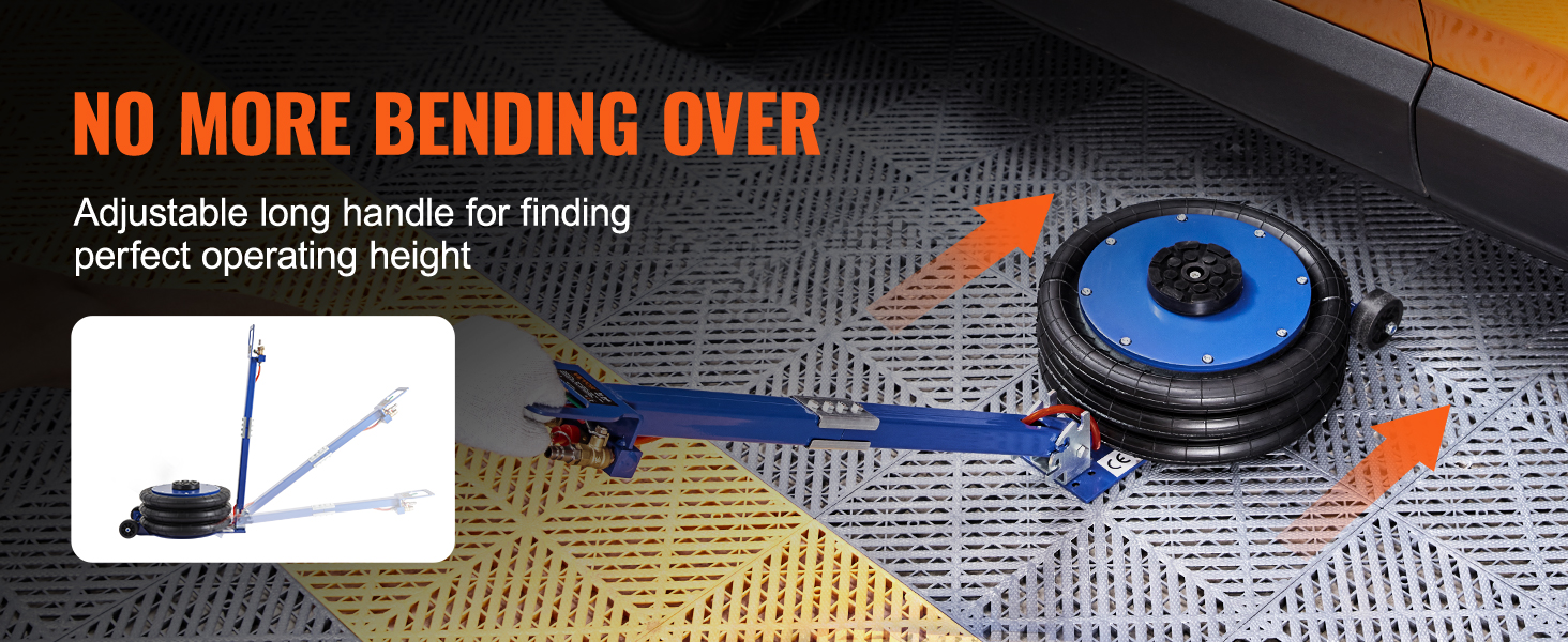 VEVOR air jack with adjustable long handle for easy operation under car, promoting no more bending over.