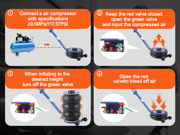 using VEVOR air jack steps to connect air compressor, inflate to height, and bleed off air.