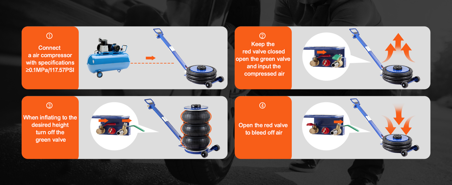 using VEVOR air jack steps to connect air compressor, inflate to height, and bleed off air.