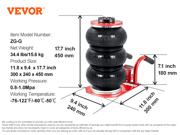 VEVOR air jack specifications: 34.4 lbs, 11.8x9.4x17.7 in, 0.8-1.0 mpa, -76-122°f, model zg-g.