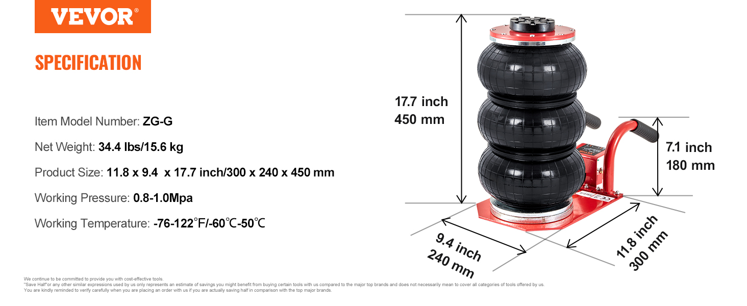 VEVOR air jack specifications: 34.4 lbs, 11.8x9.4x17.7 in, 0.8-1.0 mpa, -76-122°f, model zg-g.