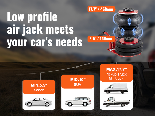 low profile VEVOR air jack showcasing compatibility with sedans, suvs, and pickup trucks.