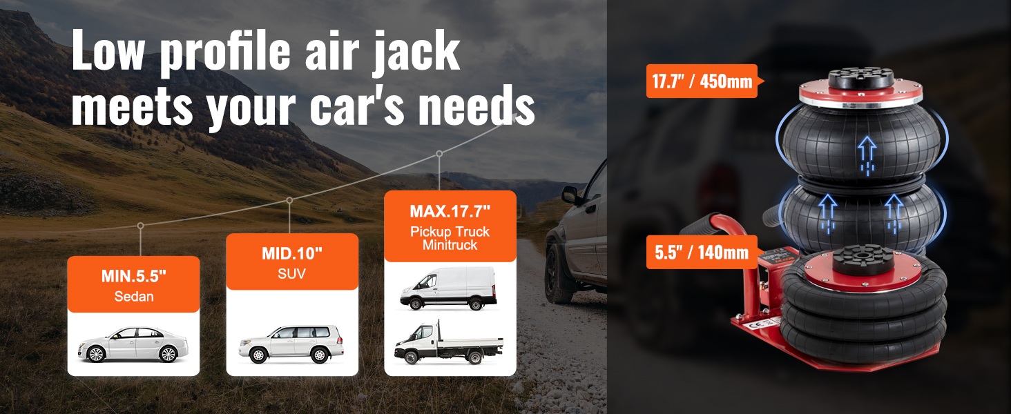 low profile VEVOR air jack showcasing compatibility with sedans, suvs, and pickup trucks.
