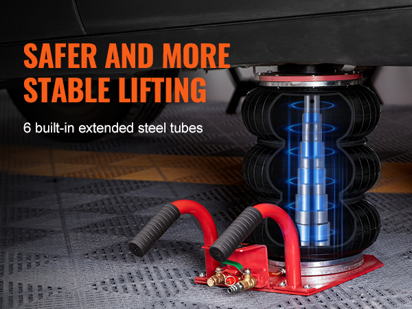 VEVOR air jack lifting a car with built-in extended steel tubes for safer and more stable lifting.