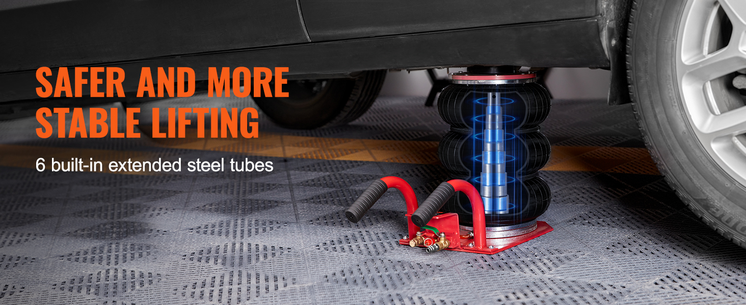 VEVOR air jack lifting a car with built-in extended steel tubes for safer and more stable lifting.