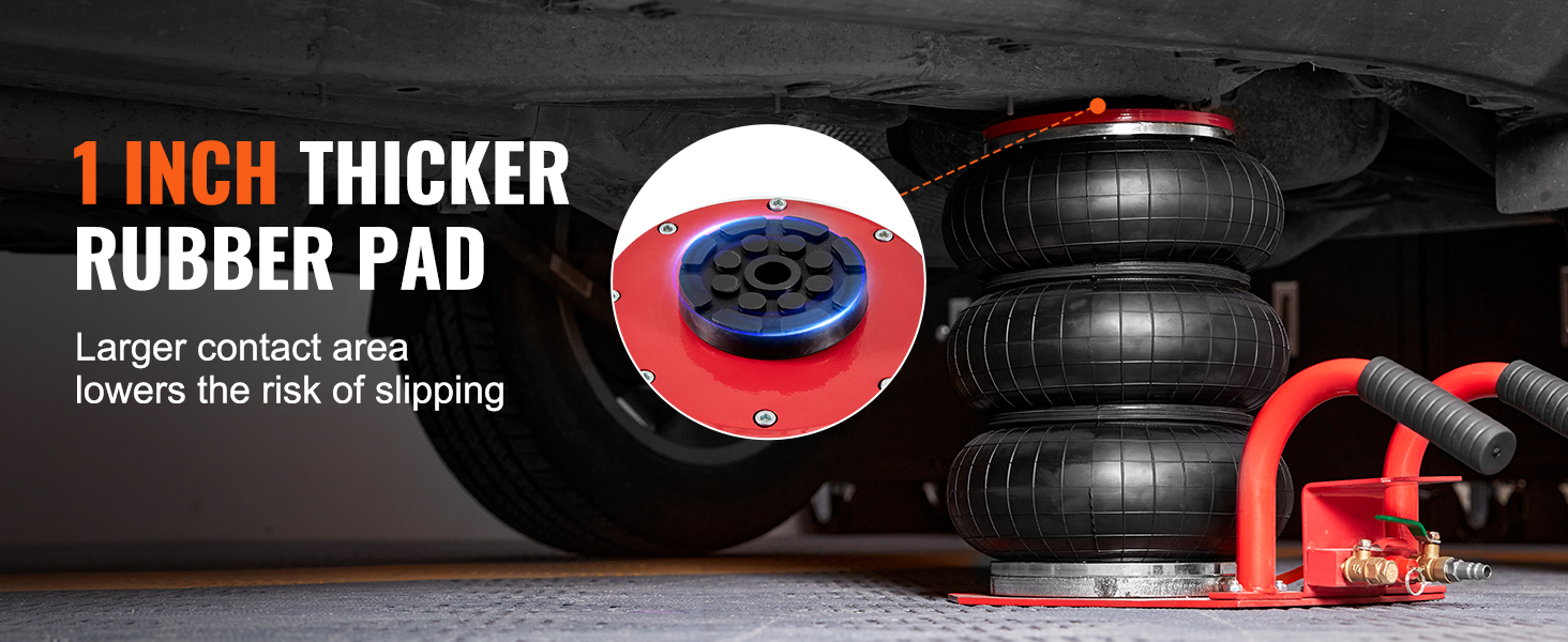 VEVOR air jack with 1-inch thicker rubber pad, providing a larger contact area to reduce slipping.