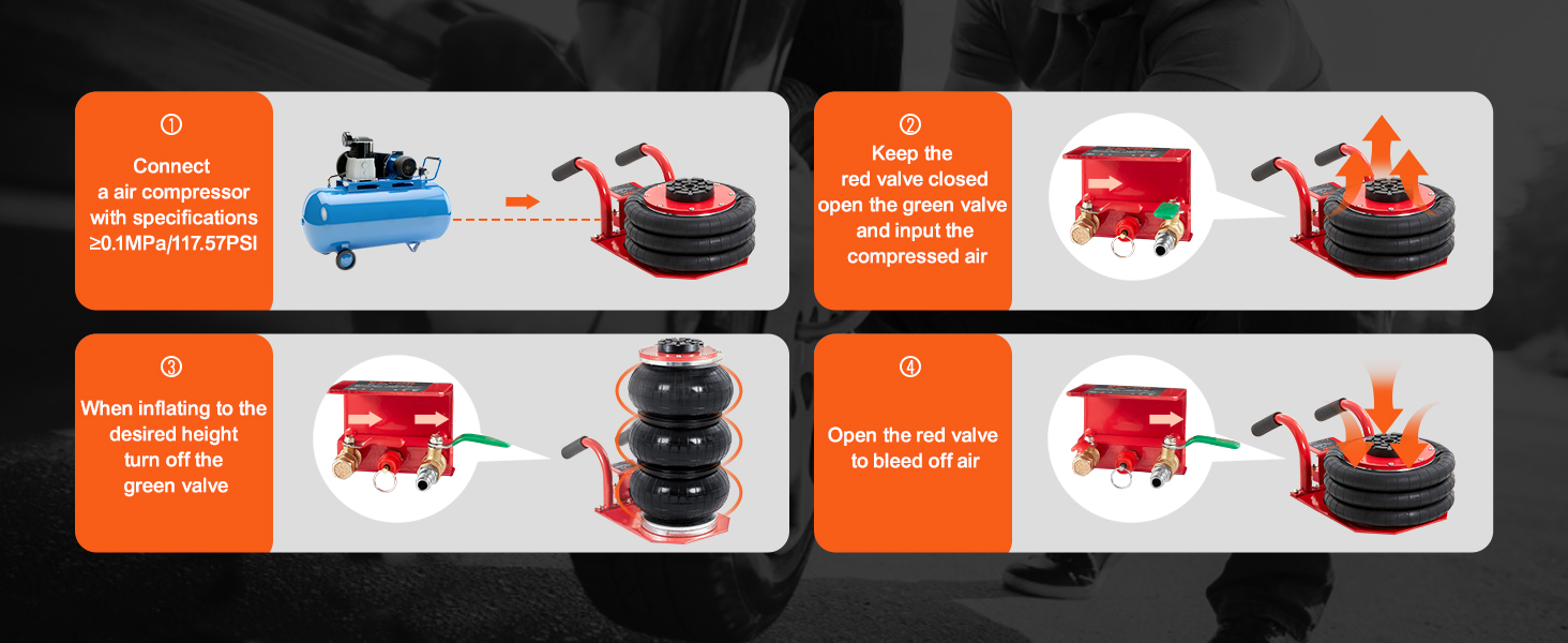 step-by-step guide to using the VEVOR air jack with air compressor for vehicle lifting.