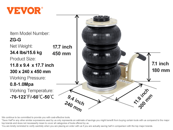 VEVOR air jack zg-g specs: net weight 15.6 kg, size 300 x 240 x 450 mm, pressure 0.8-1.0 mpa.