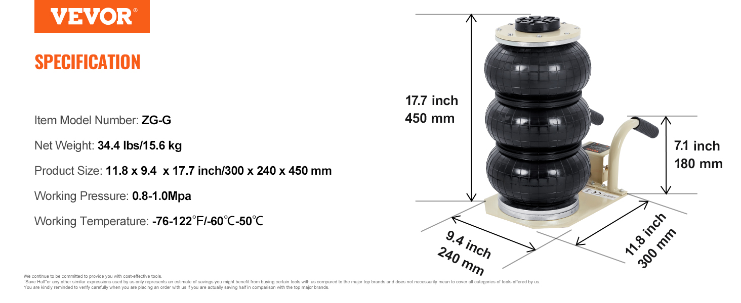 VEVOR air jack zg-g specs: net weight 15.6 kg, size 300 x 240 x 450 mm, pressure 0.8-1.0 mpa.