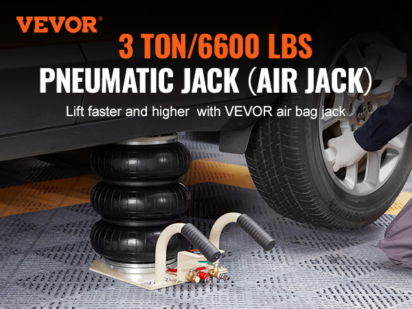 VEVOR air jack lifting car tire, showcasing 3 ton/6600 lbs pneumatic lifting capacity.