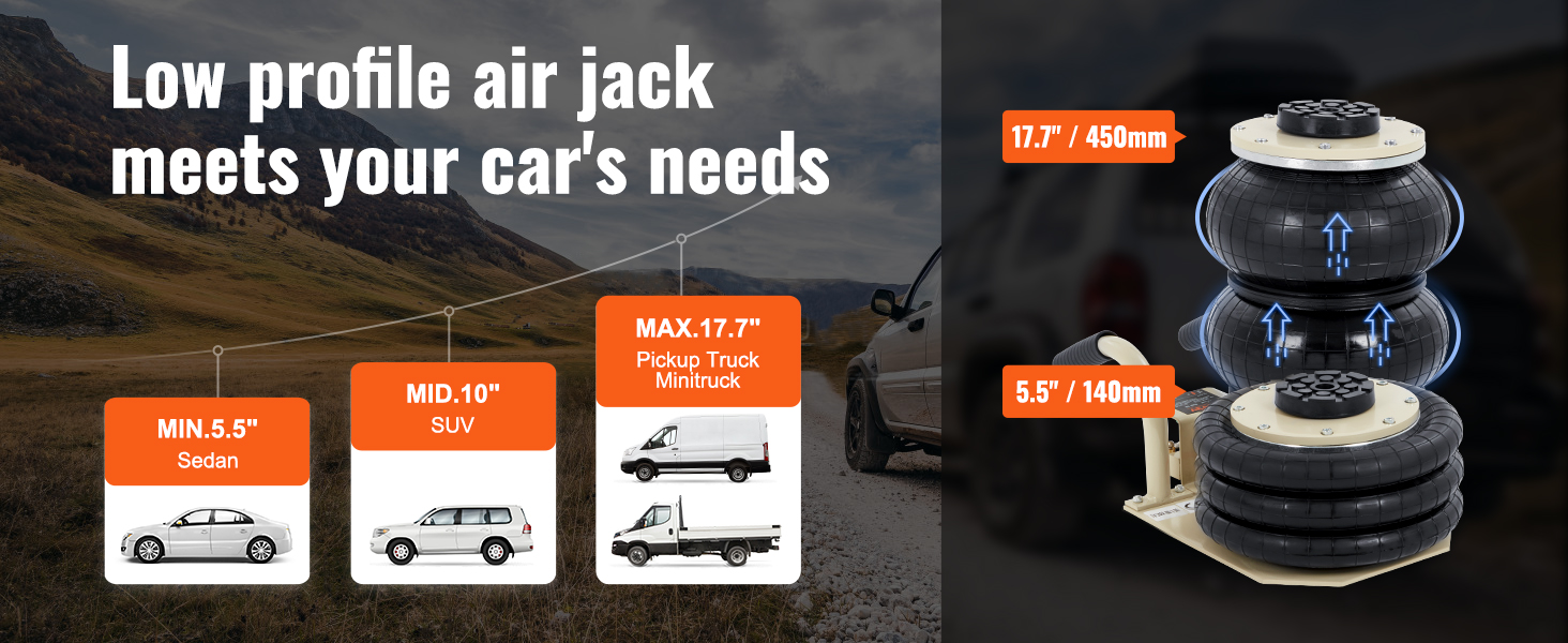 low profile VEVOR air jack comparison for sedan, suv, pickup truck. lifts from 5.5" to 17.7".