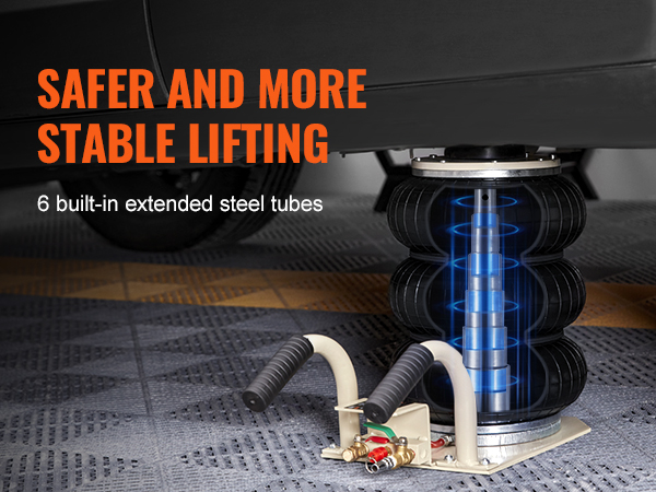 car lifted by VEVOR air jack with 6 steel tubes, showcasing safer and more stable lifting.